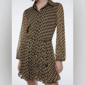 Zara | Dresses | Zara Retro Geo Print brown & Black button down tie dress XS thumbnail 4