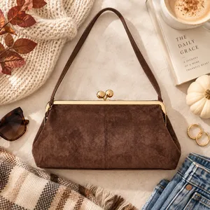 A New Day Brown Faux Suede Frame Clutch Gold Kiss Lock Crossbody Bag NEW thumbnail 2