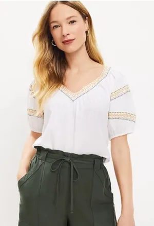 Loft Womens White Embroidered V-Neck Puff Sleeve Cotton Lyocell Blouse XS thumbnail 1