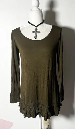 Vtg y2k 2000s Fairy Grunge Top Small Olive Green Ruffles Goth Whimsigoth thumbnail 1