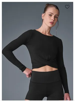 Alo Yoga Black Cover Long Sleeve Cropped Ribbed Top Wrap Detail Size Small thumbnail 1