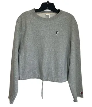PINK Victoria's Secret Gray Cropped Sweatshirt Small Drawstring Hem Logo‎ thumbnail 1