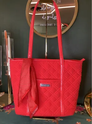 Vera Bradley Bright Red‎ Quilted Tote Bag with Patent Accents and Scarf Detail thumbnail 1