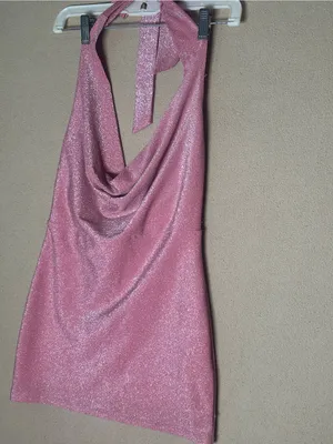 Y2K Sparkle Halter Mini Dress in Pink. Bodycon clubwear. Size Small. thumbnail 3