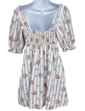 Show Me Your Mumu Mini Dress Womens XS Striped Floral Puff Sleeve Linen‎ Pockets thumbnail 1