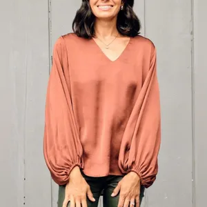 Jodifl Balloon Sleeve Blouse Terracotta Boho V-Neck Textured Top Womens‎ Medium thumbnail 2