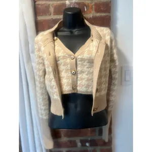 Preppy Houndstooth Cropped Cardigan & Cami Set Y2K Collegiate Small thumbnail 3