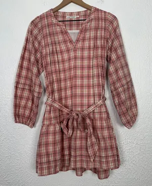 Roller Rabbit Plaid Long Sleeve V-Neck Mini Dress Cotton Pink Size XS thumbnail 1