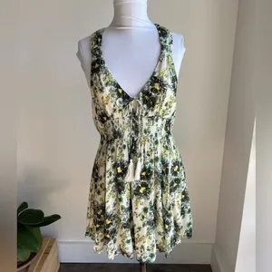 Free People Washed Ashore Floral Print Mini Dress Boho Ivory Green Women Size M thumbnail 3