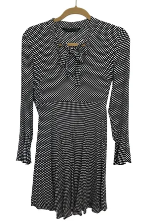 Zara Black White Polka Dot Bell Sleeve Mini Dress Tie Neck M Preppy LBD Cocktail thumbnail 1