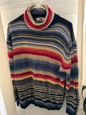 Vintage 90s Y2K Tiara International Turtleneck Sweater L Striped Ramie Cotton thumbnail 1