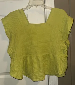 Hyvfe Lime Green Textured Ruffle Sleeve linen type material Top thumbnail 4