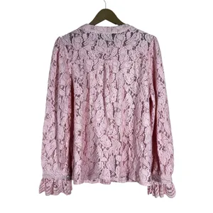 NWT PrettyGarden Floral Lace Button Front Blouse Pink Romantic Ruffle Size L thumbnail 4