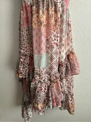 Life Boho Patchwork Ruffle Convertible Dress/Skirt Blush Multi L Pink Size L thumbnail 5