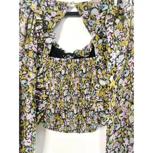 Free People Mabel Floral Printed‎ Ruched Smocked Crop Top Long Sleeve Blouse S thumbnail 10