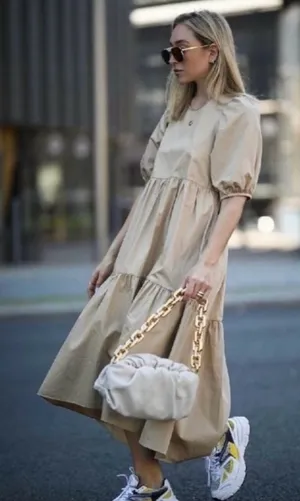 ZARA Asymmetric Puff Sleeve Tiered Cotton Poplin Midi Dress‎ in Camel Size XS thumbnail 1