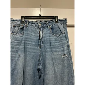 American Eagle Super High Rise Baggy Wide Leg Jeans Blue Raw Hem Size 12 Regular thumbnail 2