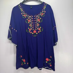 Ashir Aley Blue Embroidered Floral Boho Flowy Short Sleeve Top Size Large thumbnail 2