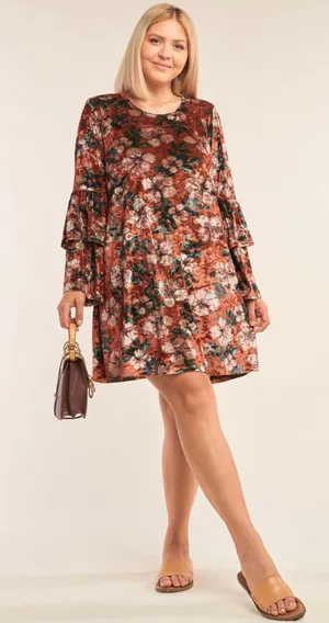 Floral Rust Velvet Long Sleeve Dress Plus Size 1X thumbnail 1