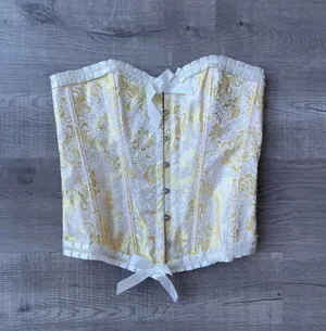 Vintage lace up Corset in yellow and white thumbnail 1