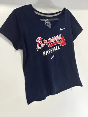 Nike Atlanta Braves MLB V-Neck Tee XL Slim Fit Navy Baseball Graphic Swoosh thumbnail 3