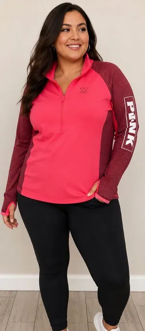 PINK Victoria's Secret Hot Pink & Maroon Half-Zip Pullover thumbnail 1