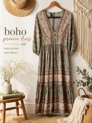 Boho Prairie Midi Dress Floral Rayon Cottagecore Peasant Small thumbnail 2