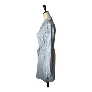 Joy Joy Dress Women Large Blue White Striped Button‎ Front Tie Waist Shirt NWT thumbnail 4