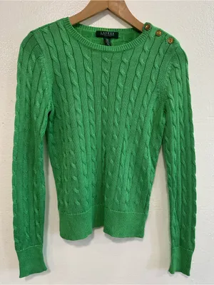 Lauren Ralph Lauren Green Cable Knit Sweater Gold Shoulder Buttons PXS thumbnail 2