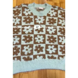SO Fuzzy Cropped Flower Print Sweater Aqua Brown M thumbnail 3