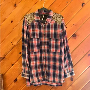 Free people little bit of sugar red plaid sequin flannel shirt thumbnail 5