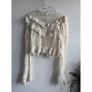 Anthropologie Ivory Lace Ruffle Cropped Cardigan Top Womens Size L‎ Eyelet Boho thumbnail 2