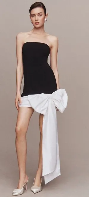 Anthropologie Hutch Strapless Oversized Draped Bow Mini Dress in Black White Size 2 thumbnail 1