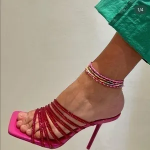 ZARA Hot Pink Rhinestone Embellished Vinyl Sequin Strappy Open Square Toe High Heels Sandals Mules thumbnail 7