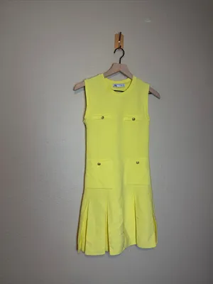 ZARA YELLOW PLEATED MINI KNIT DRESS WITH GOLD BUTTON DETAILS Size XS thumbnail 3