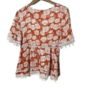 Love Culture Blouse Orange White Floral Laced Trim Size Large thumbnail 6