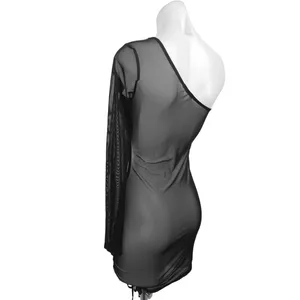 12th Tribe Tessa Black Mesh Sheer Cutout One Shoulder Cinched Mini Dress Size S thumbnail 6