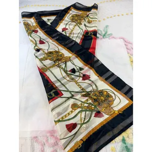 Vintage Equestrian Chain Print Square Scarf Red Black Gold‎ Tassel Sheer Stripe thumbnail 7