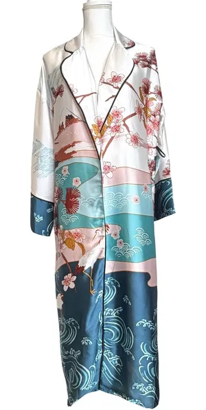 Forever 21 Kimono Duster Robe Satin Multicolor‎ Japanese Scenic Print Long S thumbnail 1
