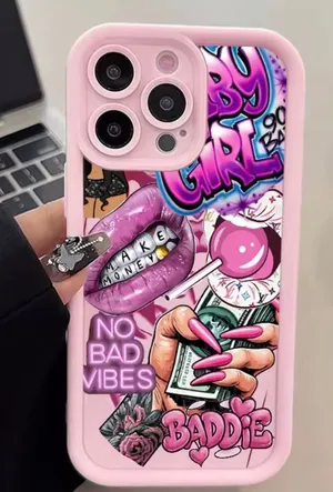 White & Pink “Baddie / No Bad Vibes” Graphic Phone Case – Fits Select iPhone Pro/Pro Max Models thumbnail 1