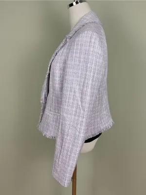 White House Black Market Tweed Cropped Fringe Blazer Jacket Wisteria Size 14 thumbnail 2