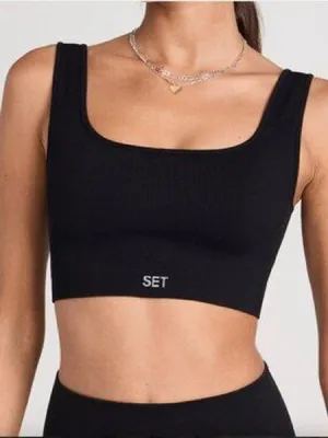 SET Active Sculptflex Box Cut Sports Bra ribbed onyx square neck workout thumbnail 6