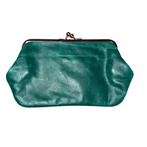 Beth Springer Leather Clutch Women Small Green Excellent Kiss Lock Rose Gold thumbnail 2