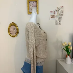 Moon & Madison Cardigan Size M Beige Open Knit V-Neck Button Down Sweater thumbnail 2