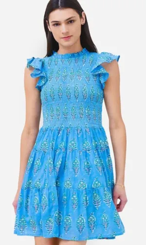 OLIPHANT 100% Cotton Smocked Flirty Ruffle Blue Block Print | Size Small thumbnail 1