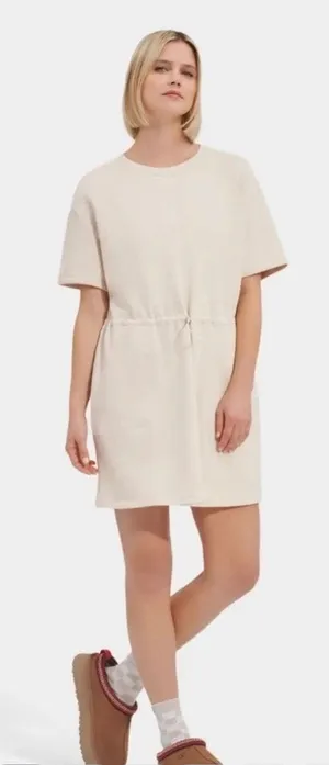 UGG Anisha French Terry Drawstring Waist Pocket Dress Small Cream Beige thumbnail 1