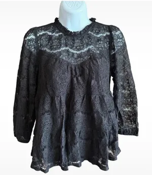 Monteau Black Lace Coquette Tiered Babydoll Blouse Top Women's Small NWT thumbnail 1