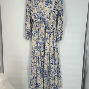Blue Floral Long Sleeve Tiered Maxi Dress Cream/Blue XS thumbnail 3