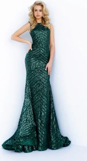 Jovani Hunter Green Sequin Open-Back Holiday Dress w/Small Train Sz 22 thumbnail 1