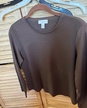 Charter Club Chocolate Brown Long-Sleeve Crewneck Tee PM thumbnail 1